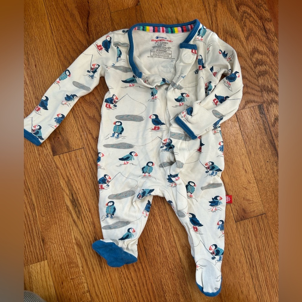 Magnetic Me Puffin Print Footie in Blue and Cream